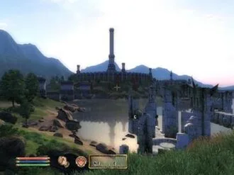 An in-game screenshot showing Oblivion's user interface, HDR lighting and long draw distance, changes made as part of a goal to create "cutting-edge graphics"[39]