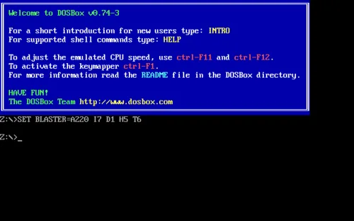 MS-DOS oyunlarını bilgisayarda çalıştırmaya yarayan DOSBox isimli öykünücünün DOS komut satırı ekranında bir görüntüsü