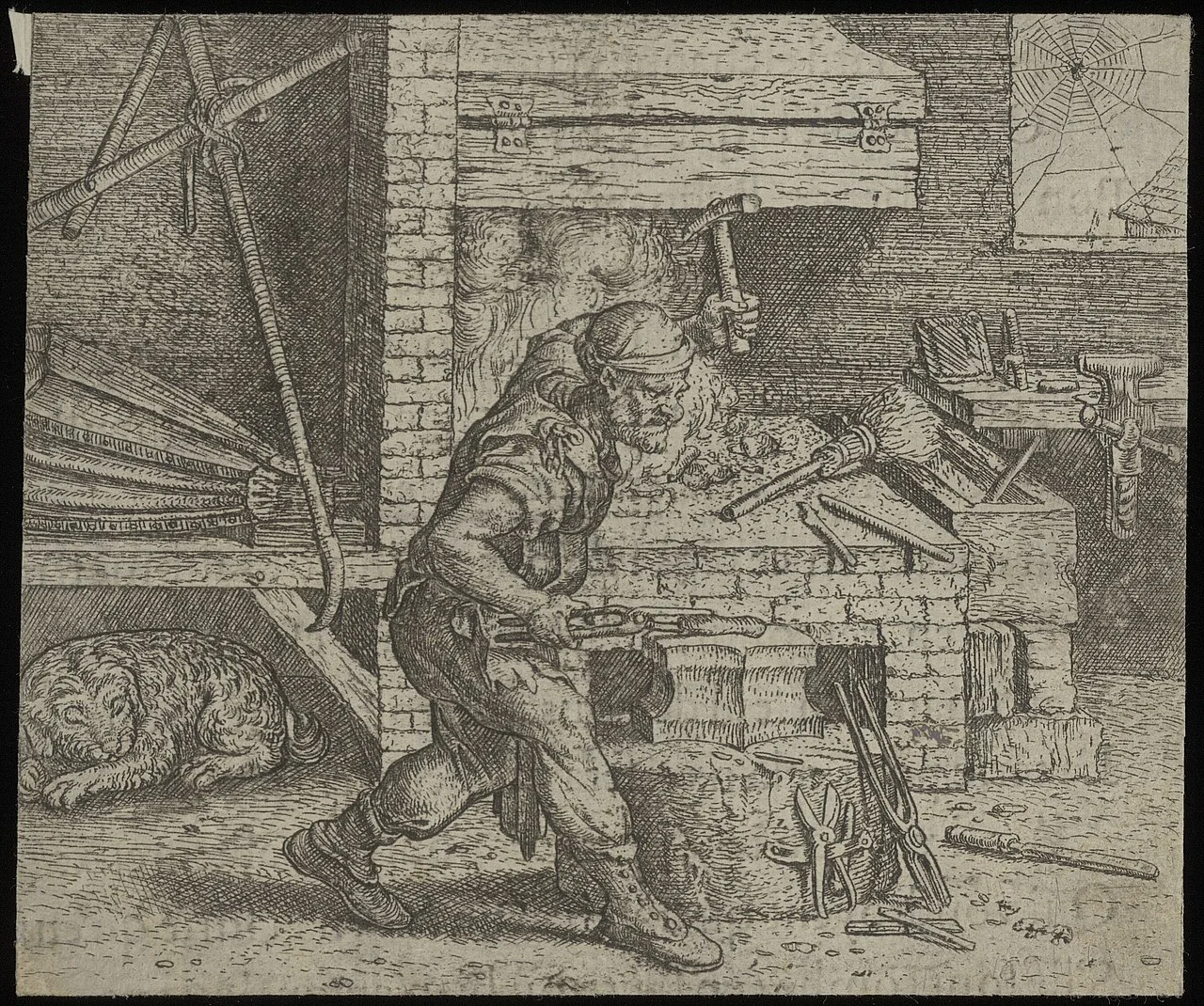 Printed image of the fable of the blacksmith and the dog from the sixteenth century[11]