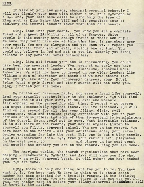 The "suicide letter",[36] mailed anonymously to King by the FBI