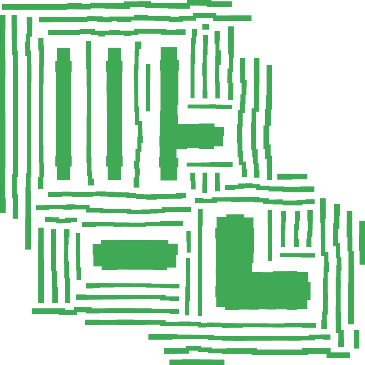 A simulated photomask. The thicker features are the integrated circuit that is desired to be printed on the wafer. The thinner features are assists that do not print themselves but help the integrated circuit print better out-of-focus. The zig-zag appearance of the photomask is because optical proximity correction was applied to it to create a better print.