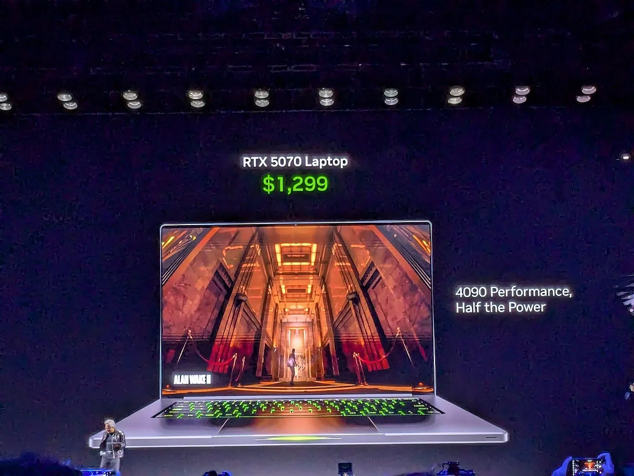 Nvidia CEO Jensen Huang presenting the RTX 5070 Laptop at CES 2025