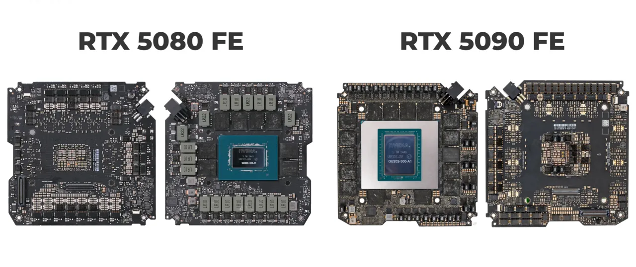 The printed circuit boards of the RTX 5080 and 5090 (top and bottom views)