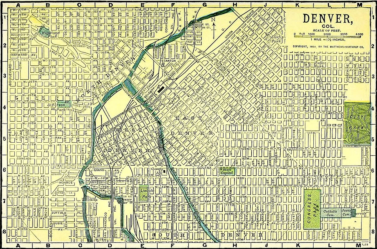 In this 1905 map, the rivers and parks are at the top of the visual hierarchy due to color contrast and size, the title stands out due to size and alignment, and to a lesser degree, the central city stands out due to character, because the angled street pattern contrasts with the rest of the grid. Even the empty space in West Denver attracts attention due to its contrast with the overall complexity of the map and its central position. The individual streets and their names are at the bottom of the visual hierarchy due to lack of contrast, even though that was probably the intended primary purpose of the map.