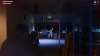 Gameplay screenshot of the player as Jason Duval shooting at an enemy