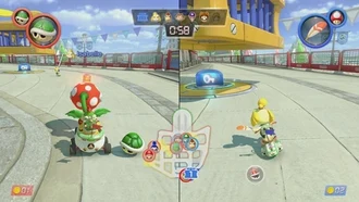 In Renegade Roundup, the authority player Bowser Jr. (left), using a Piranha Plant, aims to capture Isabelle (right), who is trying to free her captured renegade teammates from a cage by driving over a key switch.