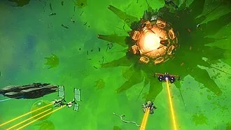 Ships of players in a space environment, flying towards a hive of glass