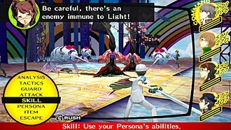 A standard battle in Persona 4 Golden. Certain actions such as a successful attack will prompt a dialogue box on top. Players navigate between battle options listed in the box on the bottom-left of the screen, while the character portraits on the right hand of the screen indicate each member's health and magic points.