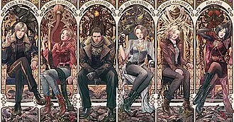 Promotional artwork created by Capcom for Resident Evil's 30th anniversary featuring some of the series' main characters. From left to right: Leon S. Kennedy, Claire Redfield, Chris Redfield, Jill Valentine, Grace Ashcroft, and Ada Wong.