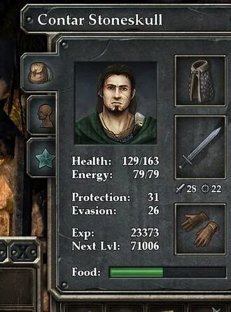 A character in the roleplaying video game Legend of Grimrock who has 23373 experience points: this character needs 71006 points to reach the next level