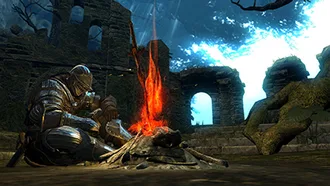 A player character in Dark Souls using a bonfire