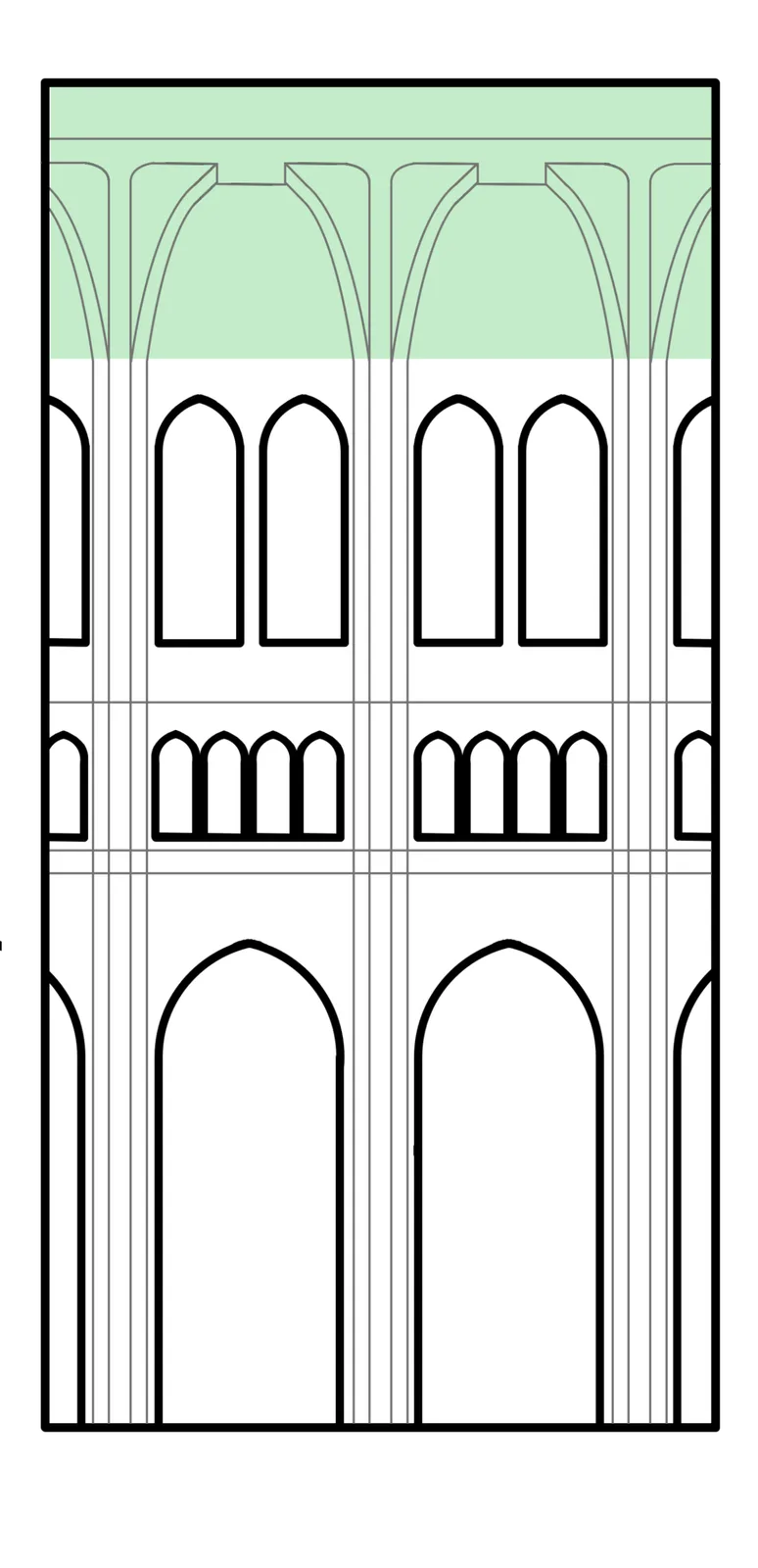 Interior elevation view of a Gothic cathedral, with rib-vaulted roof highlighted